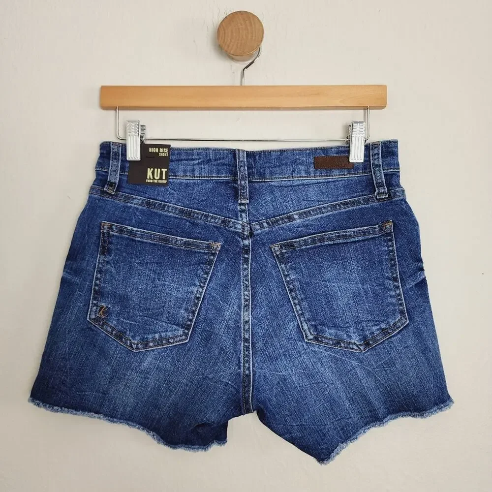 Kut From The Kloth Gidget Fray Hem High Waisted Denim Shorts NWT Dark Wash 6
